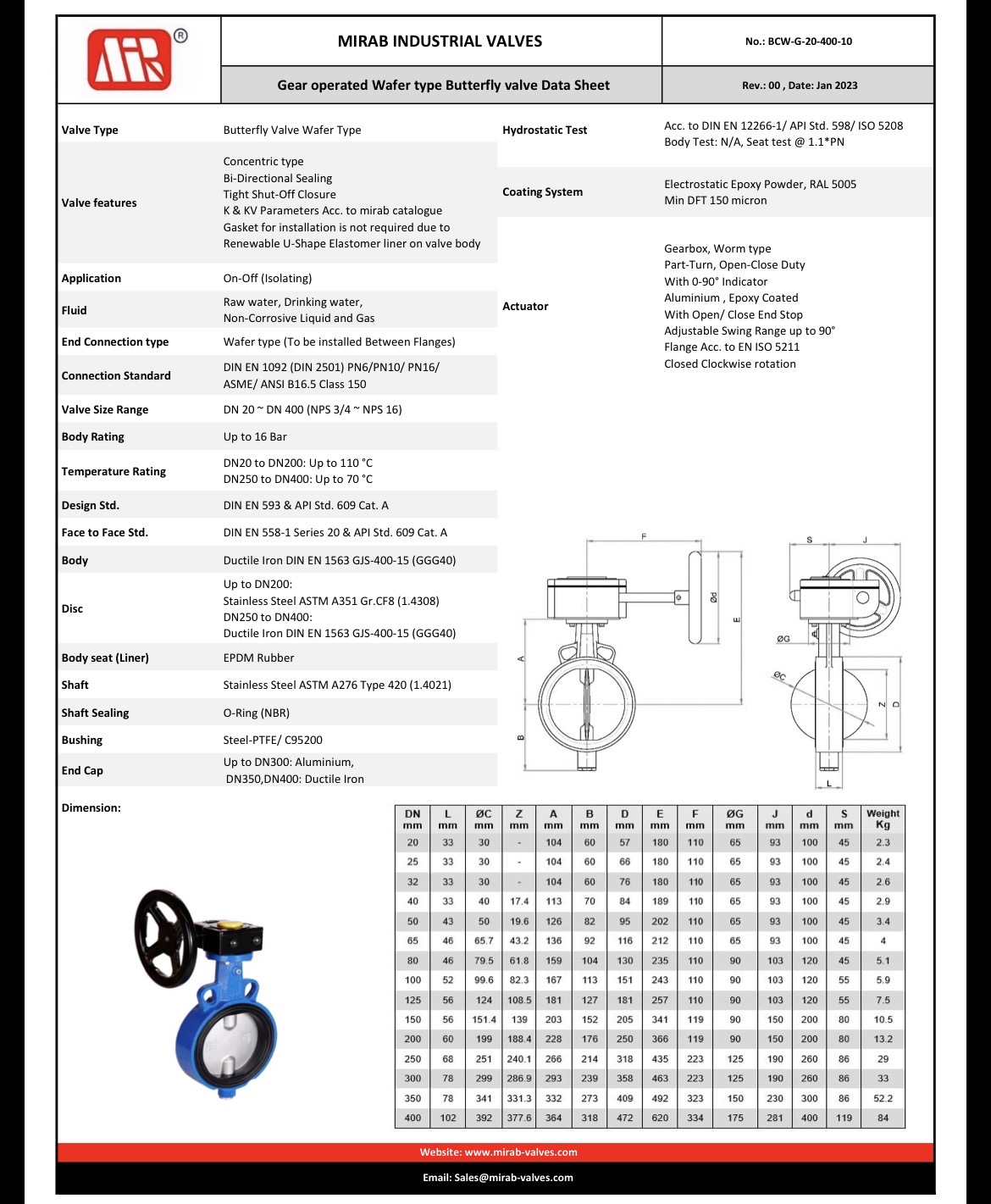 دیتاشیت فنی شیر پروانه ای ویفری گیربکسی میراب مدل BCW-G