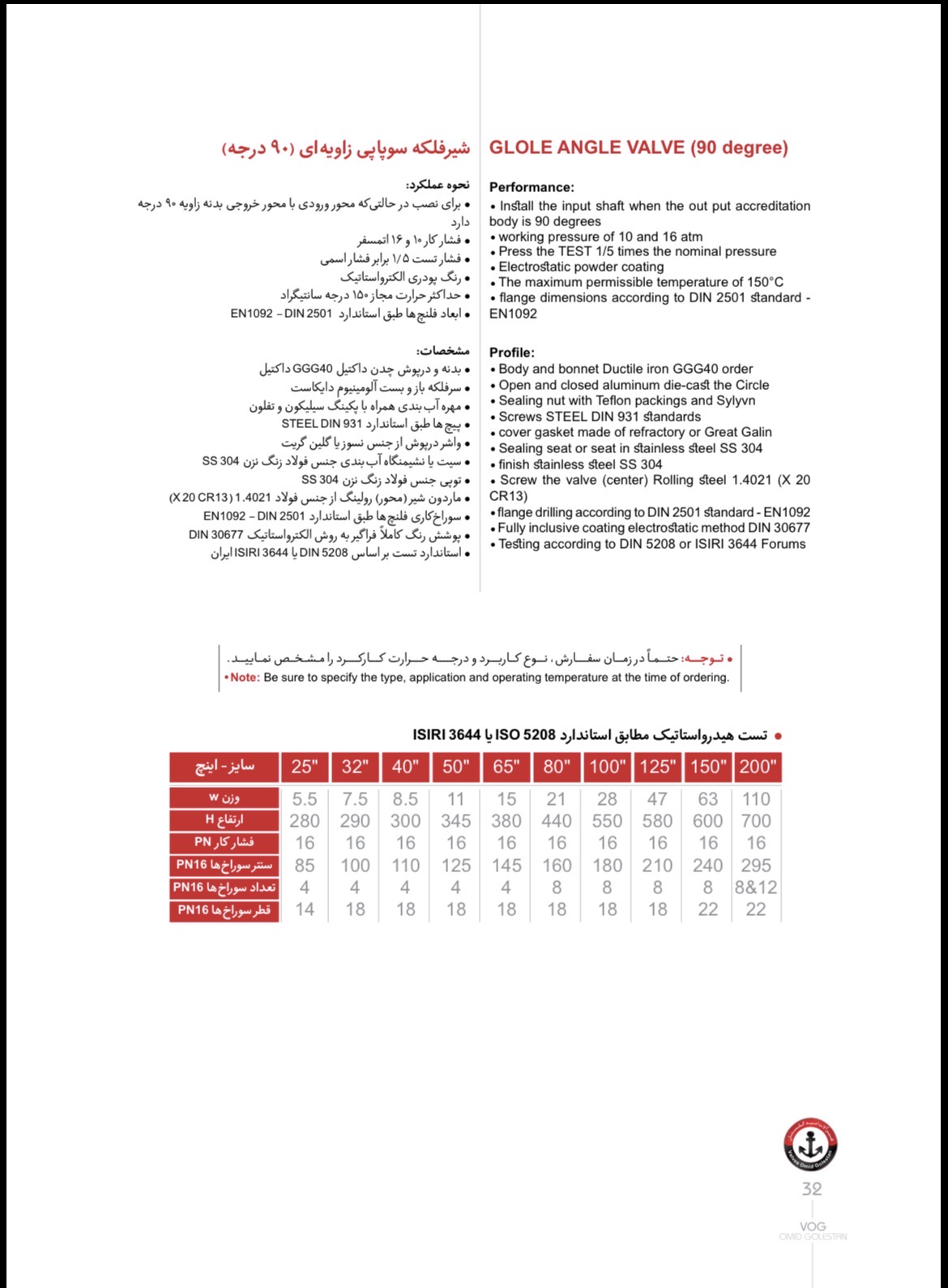 فلنج ورودی و خروجی شیر فلکه سوپاپی زاویهای وگ امید گلستان مطابق استاندارد DIN2501