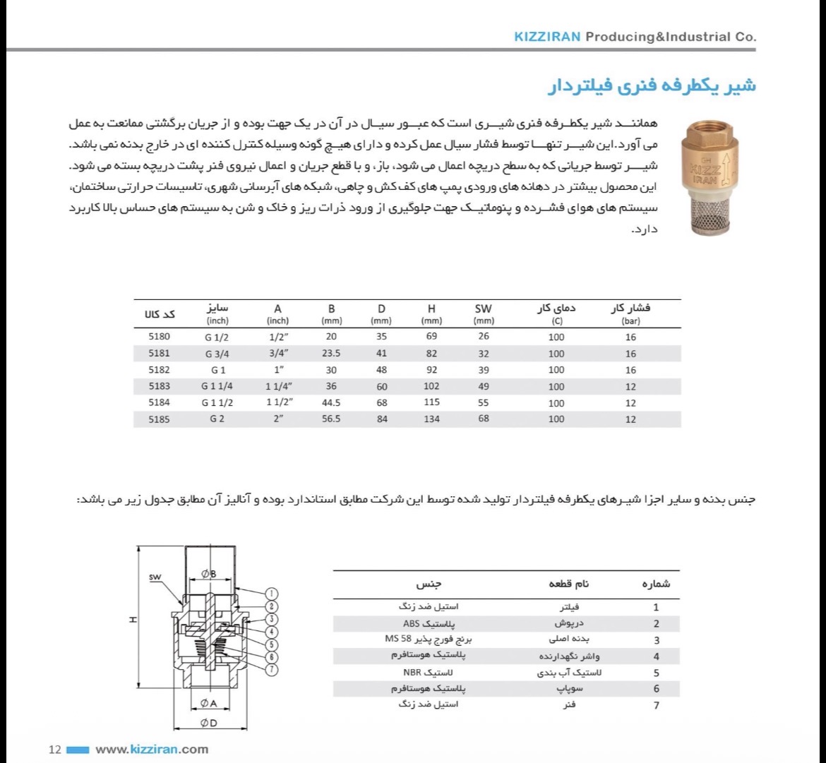 دیتاشیت فنی شیر سوپاپی فیلتردار برنجی کیز ایران