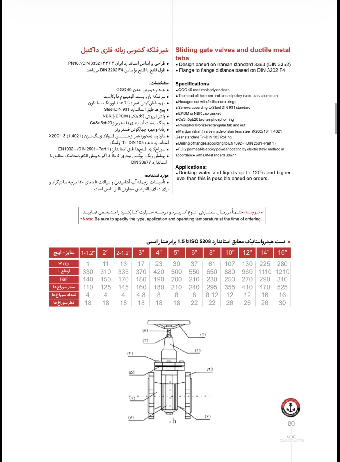 تصویر ۲ — شیر کشویی زبانه برنزی PN10 وگ امید گلستان (کاتالوگ رسمی)
