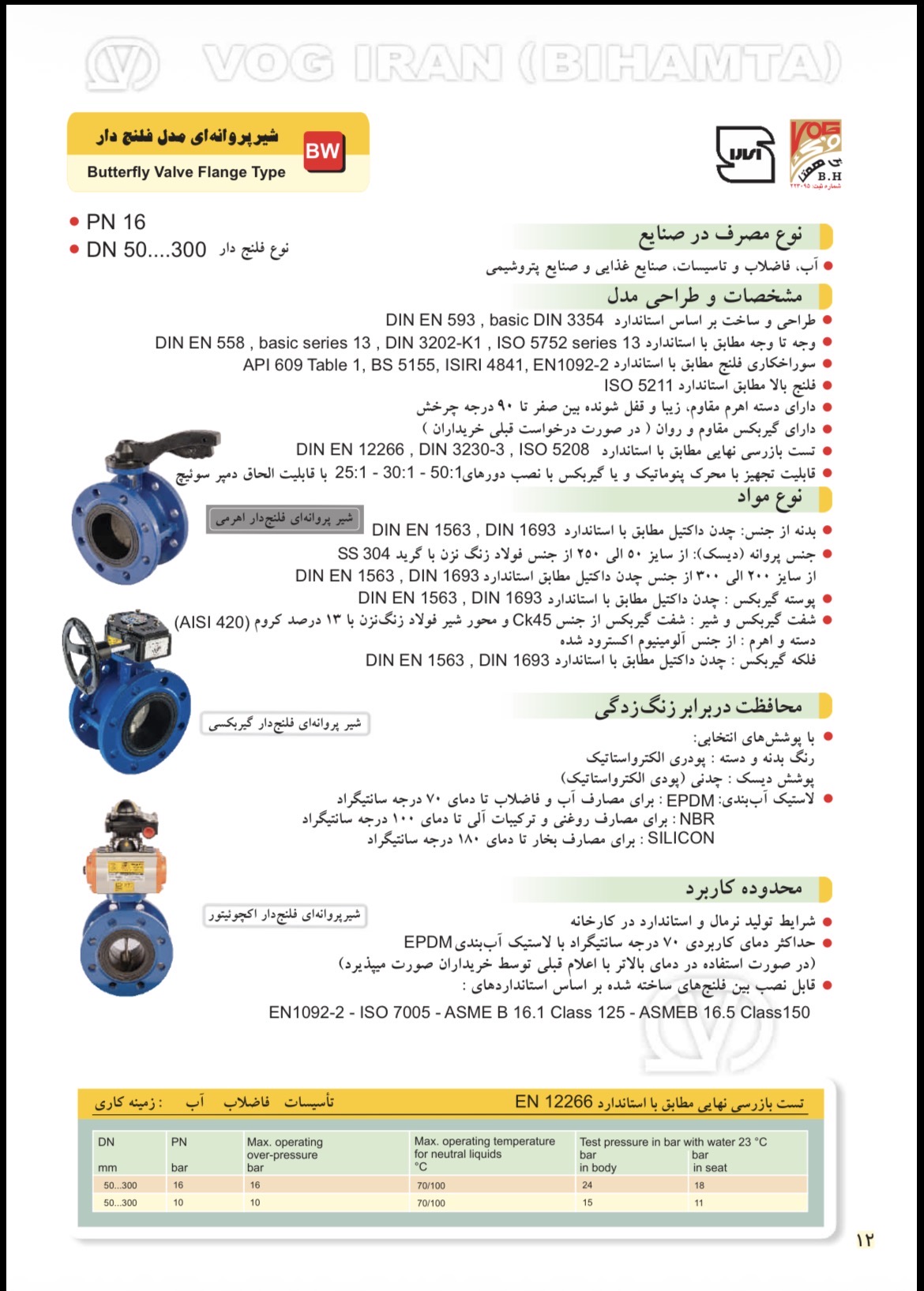 دیتاشیت فنی شیر پروانه‌ای فلنج‌دار گیربکسی دیسک استیل PN16 وگ ایران بی‌همتا - معرفی و مشخصات