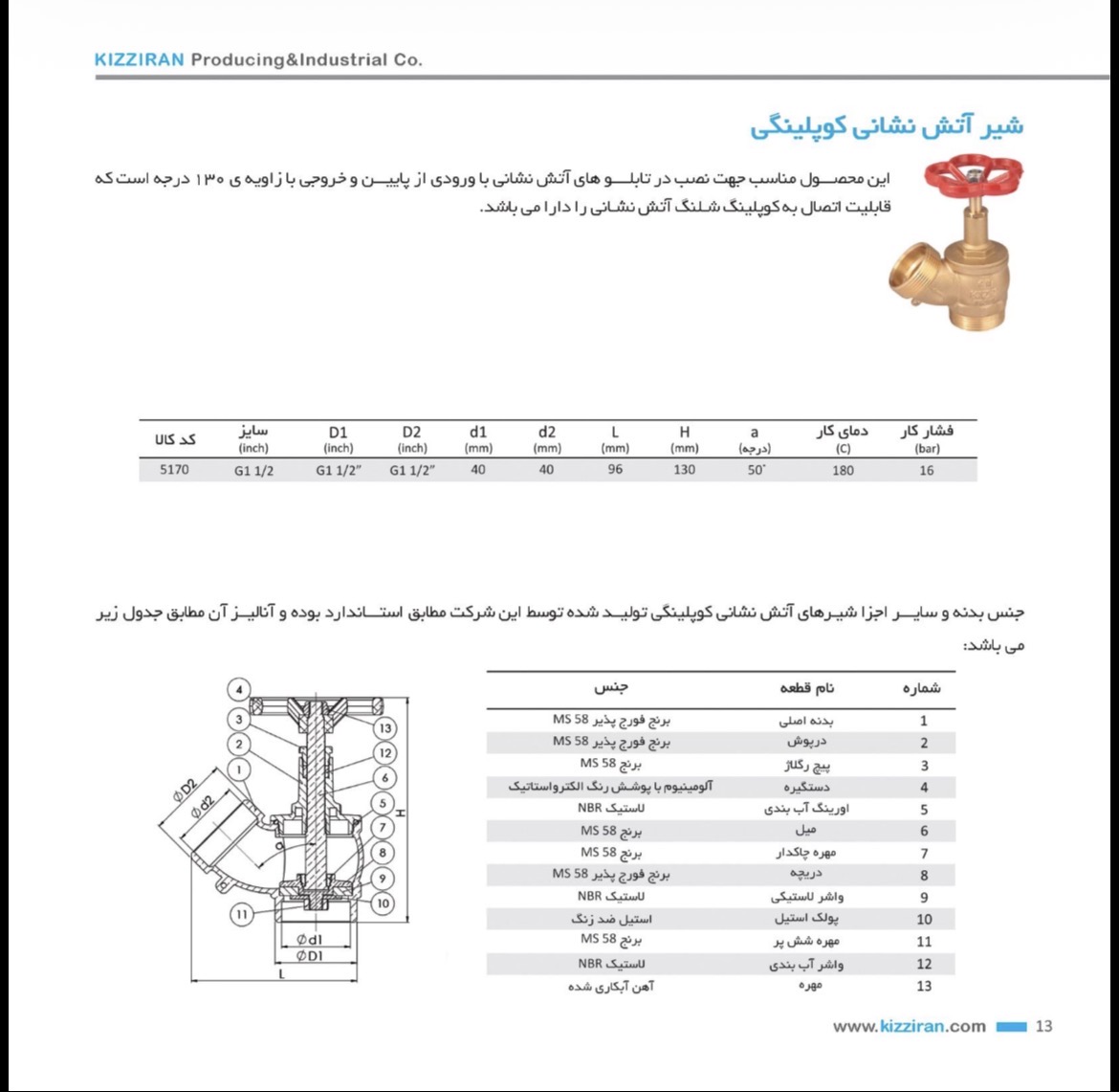 دیتاشیت فنی شیر آتش‌نشانی کوپلینگی برنجی کیز ایران