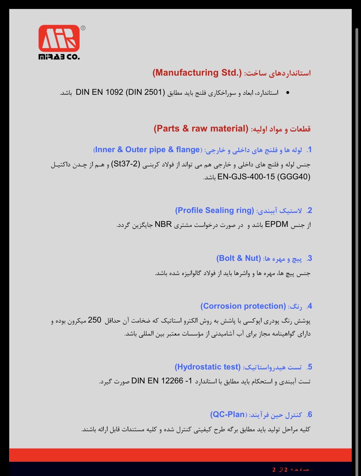 نمای فنی و جدول ابعاد اتصال قابل پیاده کردن PN10 میراب طبق برگه مشخصات رسمی
