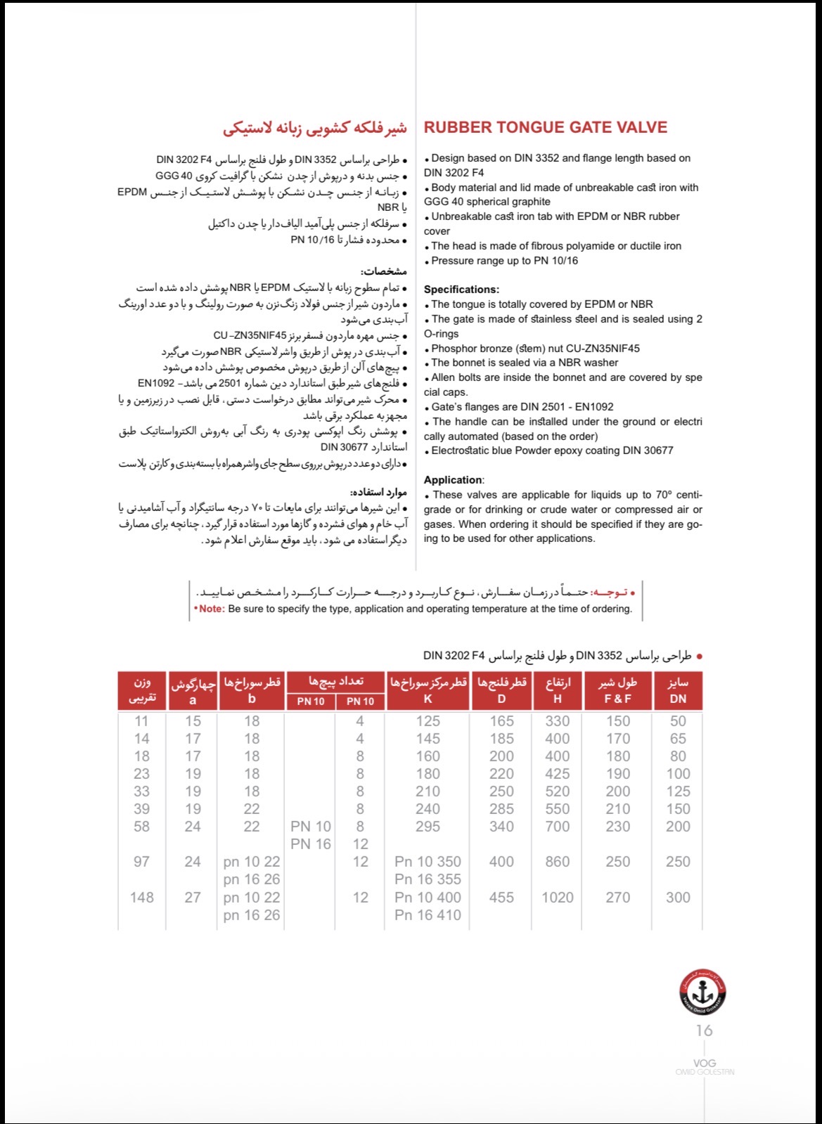 صفحه دوم دیتاشیت شیر کشویی زبانه لاستیکی وگ امید گلستان دیتاشیت فنی شیر فلکه کشویی زبانه لاستیکی PN16 وگ امید گلستان - جدول ابعاد کامل