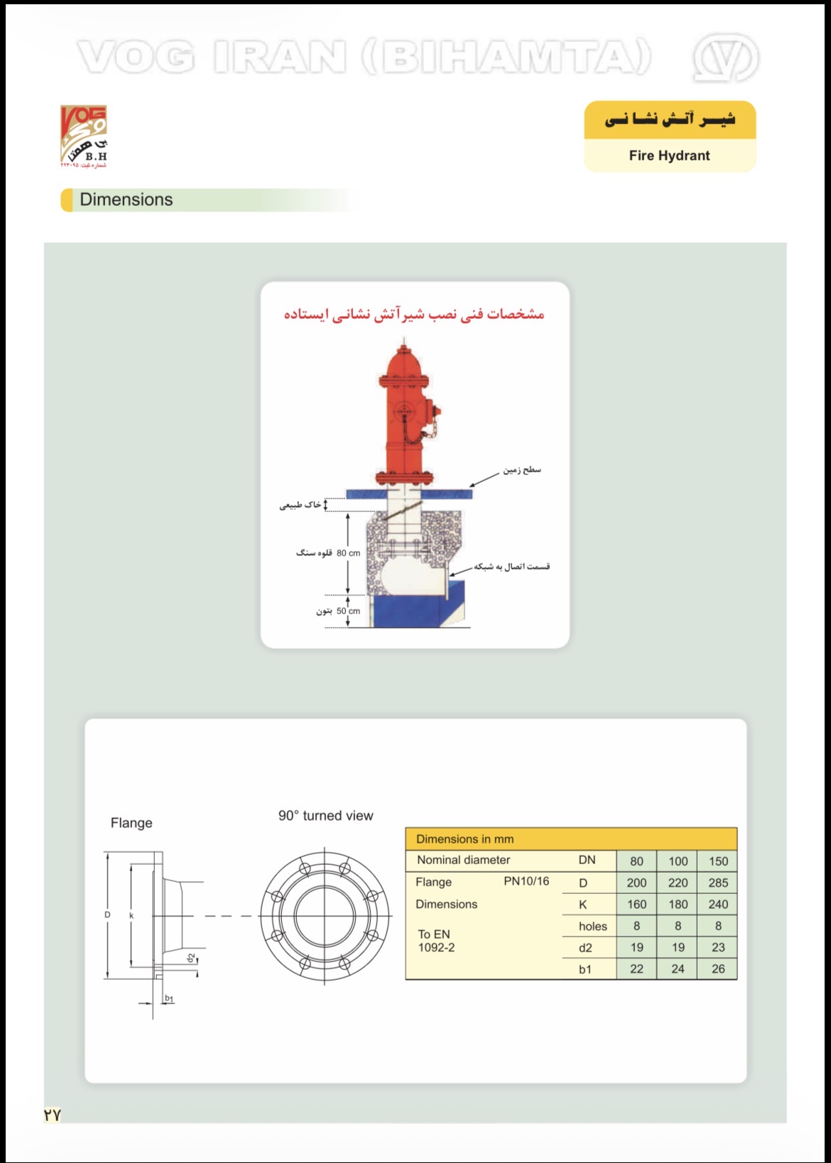 صفحه دوم دیتاشیت شیر آتشنشانی ایستاده دیتاشیت فنی شیر آتشنشانی ایستاده PN16 وگ ایران بیهمتا - جدول ابعاد نصب