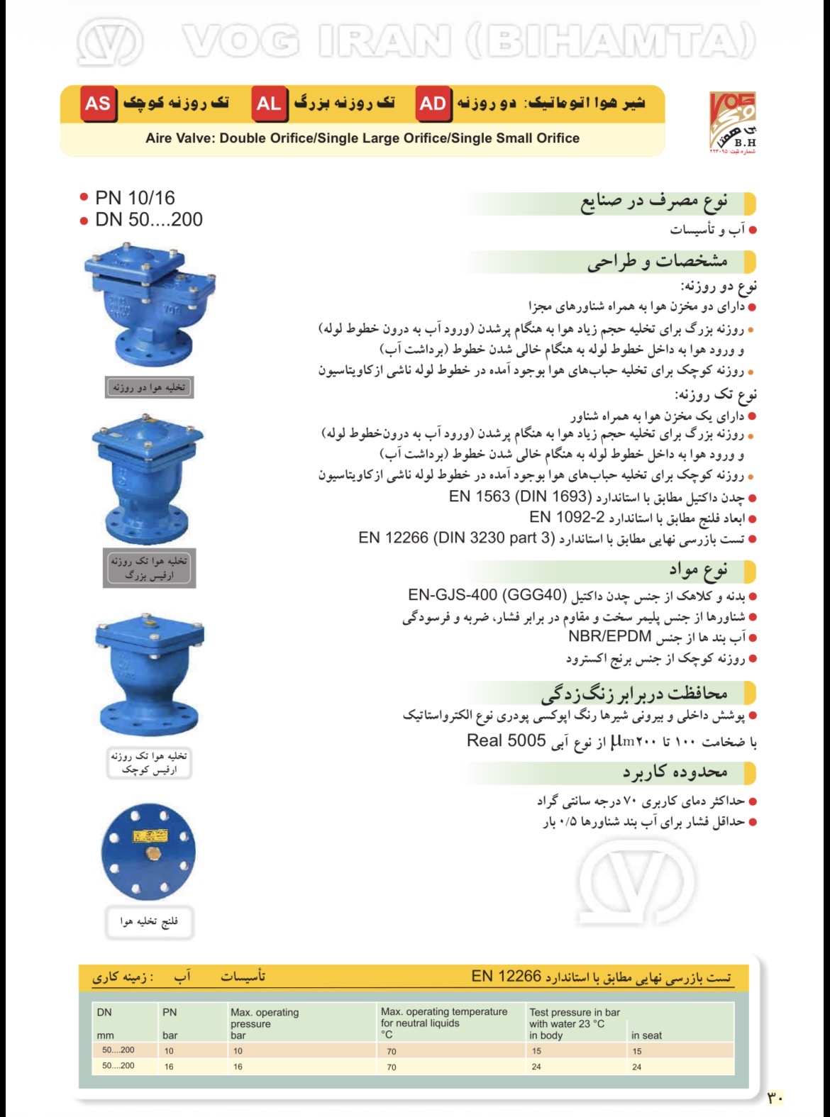 نقشه فنی و جدول ابعاد فلنج شیر تخلیه هوا وگ ایران بی‌همتا مطابق استاندارد EN1092-2