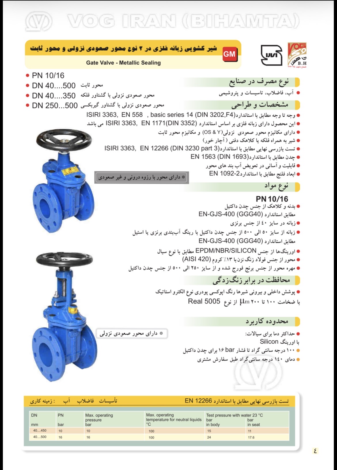 دیتاشیت فنی شیر فلکه کشویی زبانه فلزی PN16 وگ ایران بی‌همتا - معرفی و مشخصات