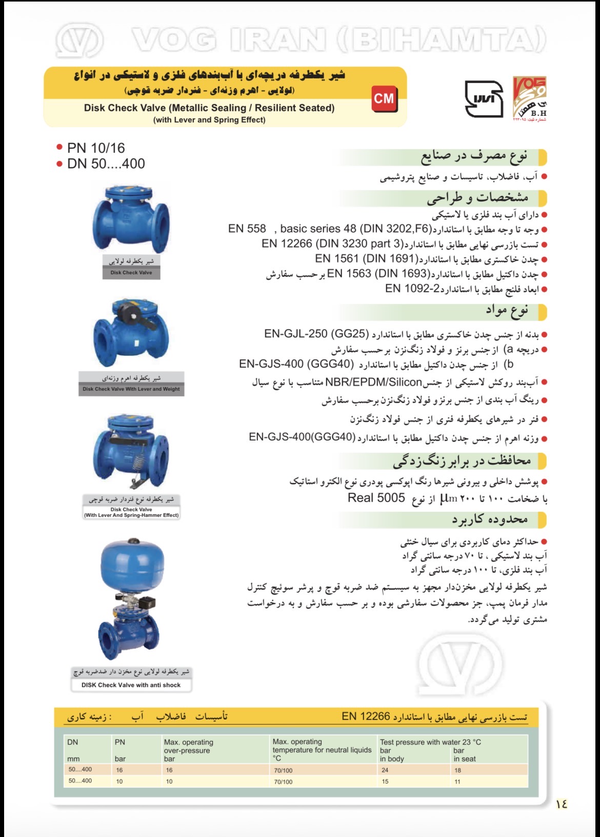 شیر یکطرفه اهرم وزنه‌ای PN16 وگ ایران بی‌همتا - نمای بدنه چدنی با اهرم و وزنه