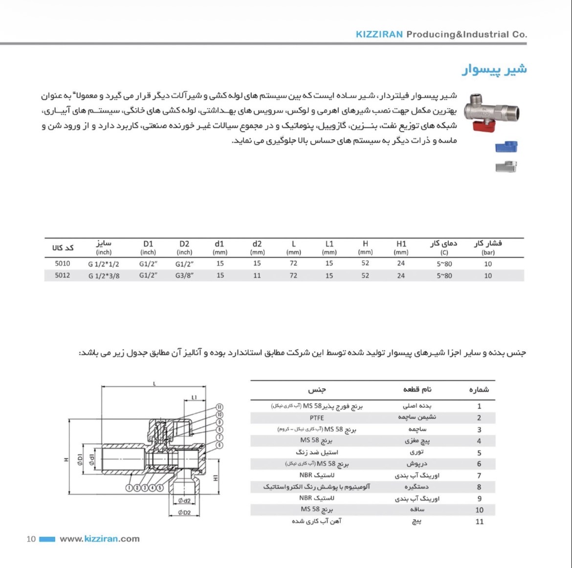 دیتاشیت فنی شیر پیسوار فیلتردار برنجی کیز ایران پک دو عددی