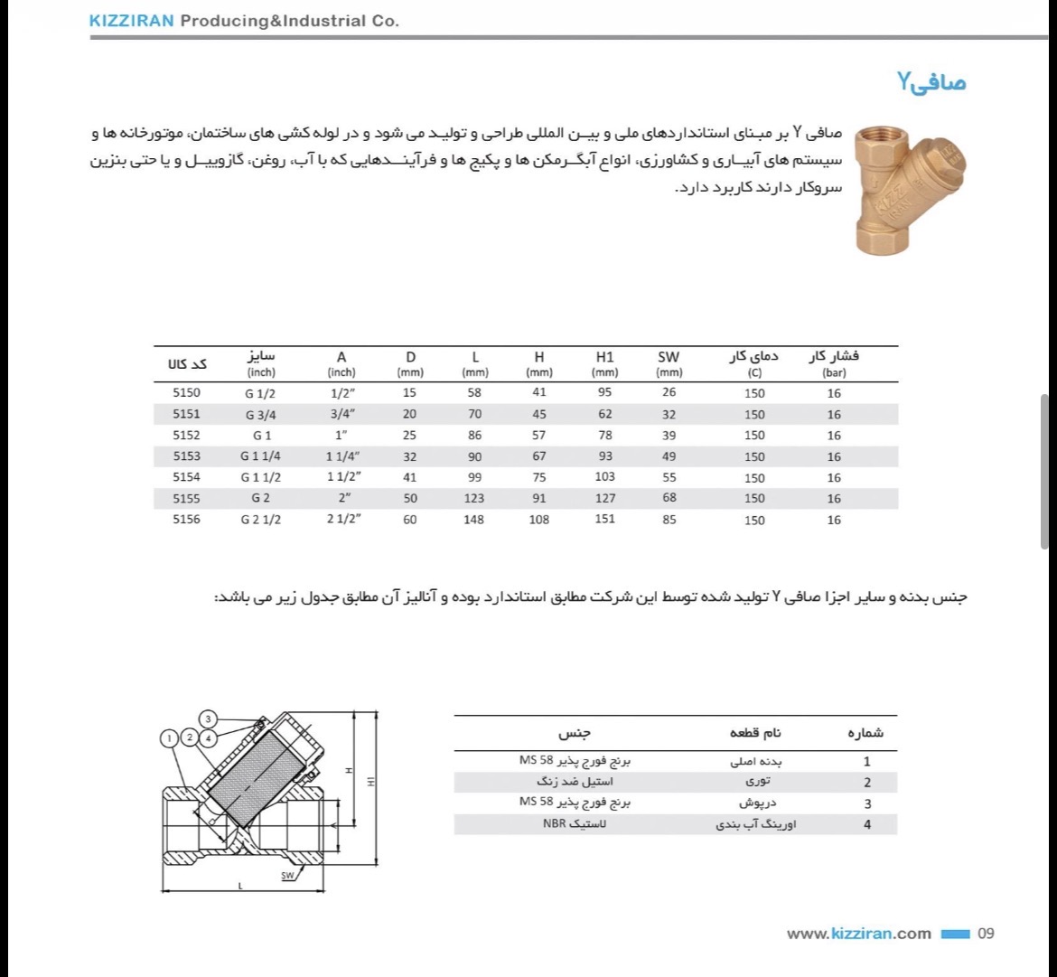دیتاشیت فنی شیر صافی برنجی کیز ایران صافی Y