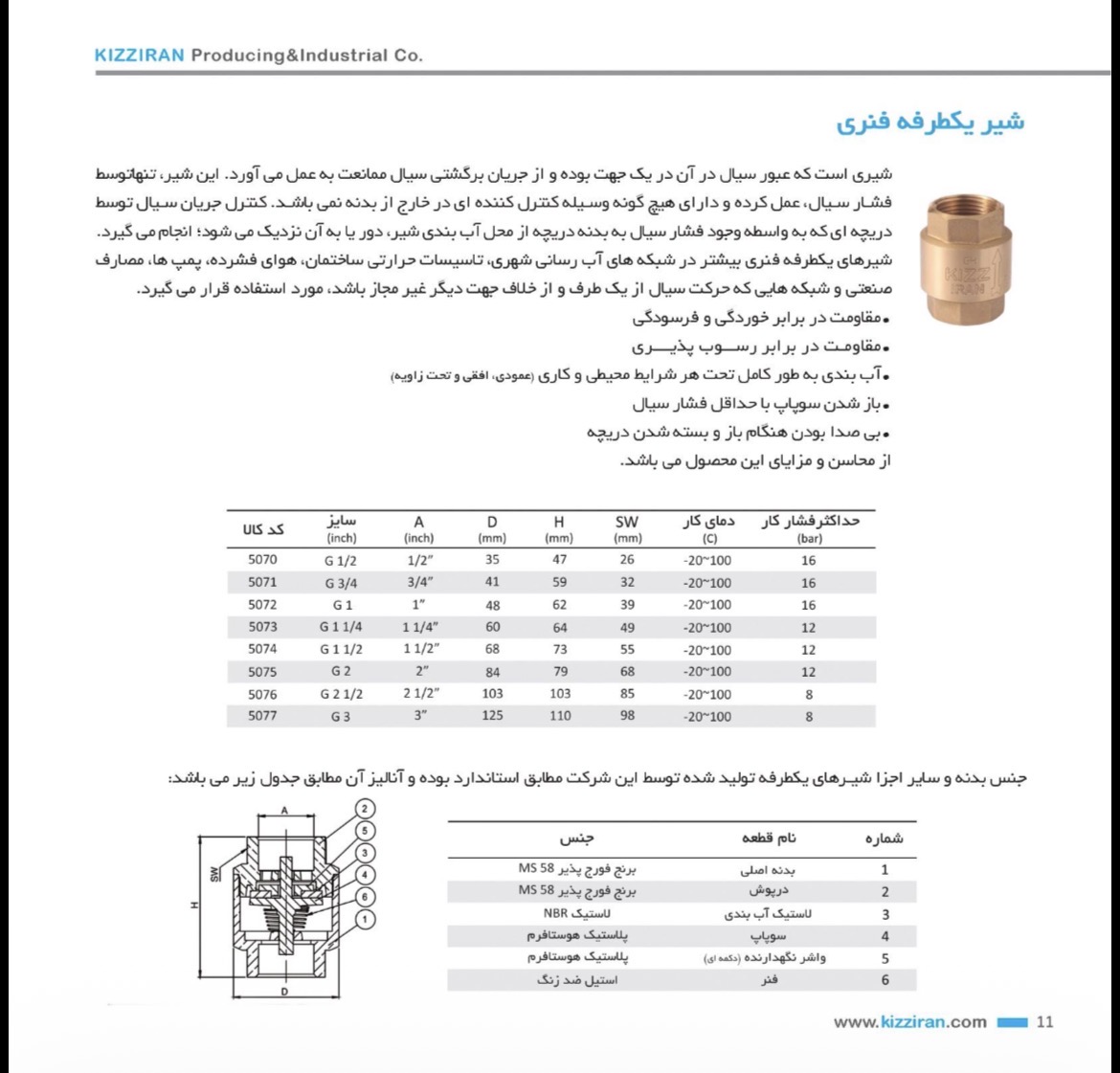 دیتاشیت فنی شیر یکطرفه فنری برنجی کیز ایران