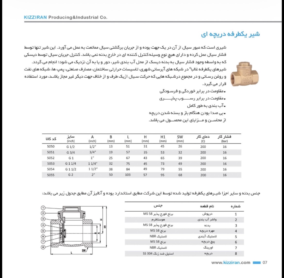 دیتاشیت فنی شیر یکطرفه دریچه‌ای برنجی کیز ایران