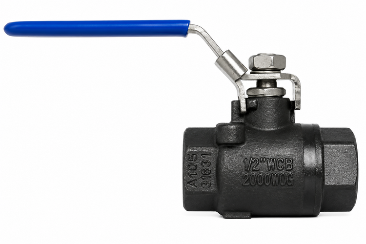 شیر گازی فولادی فورج دو تکه 2PC رزوهای NPT فشار 2000 WOG ASTM A105 مناسب خطوط نفت، گاز، آب، بخار و سیالات صنعتی