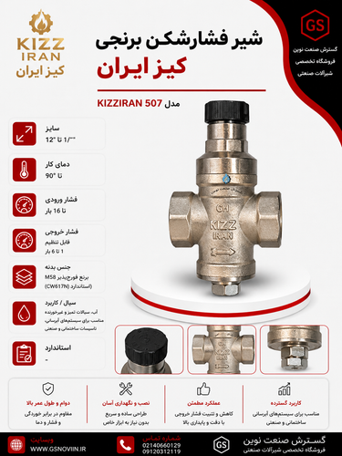 شیر فشارشکن برنجی کیز ایران مدل MINIPRESS با بدنه فورج MS58 و گیج قابل نصب