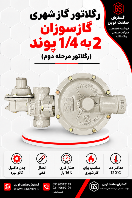 گلاتور گاز خانگی گازسوزان مدل GS-64-22 با بدنه فلزی و درپوش قرمز ایمنی از نمای جانبی
