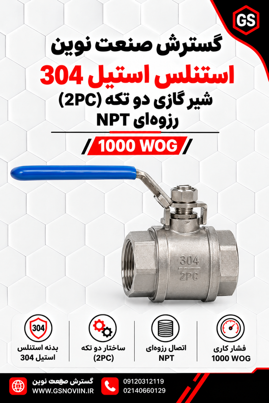 استنلس استیل 304 شیر گازی دو تکه (2PC) رزوهای NPT 1000 WOG